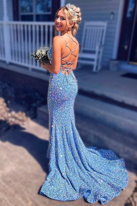Light Blue Sequin Mermaid Prom Dress with Deep V Neck & Strappy Open Back – SQ007-prom dresses 2026-Viniodress-Light Blue-Custom Size-