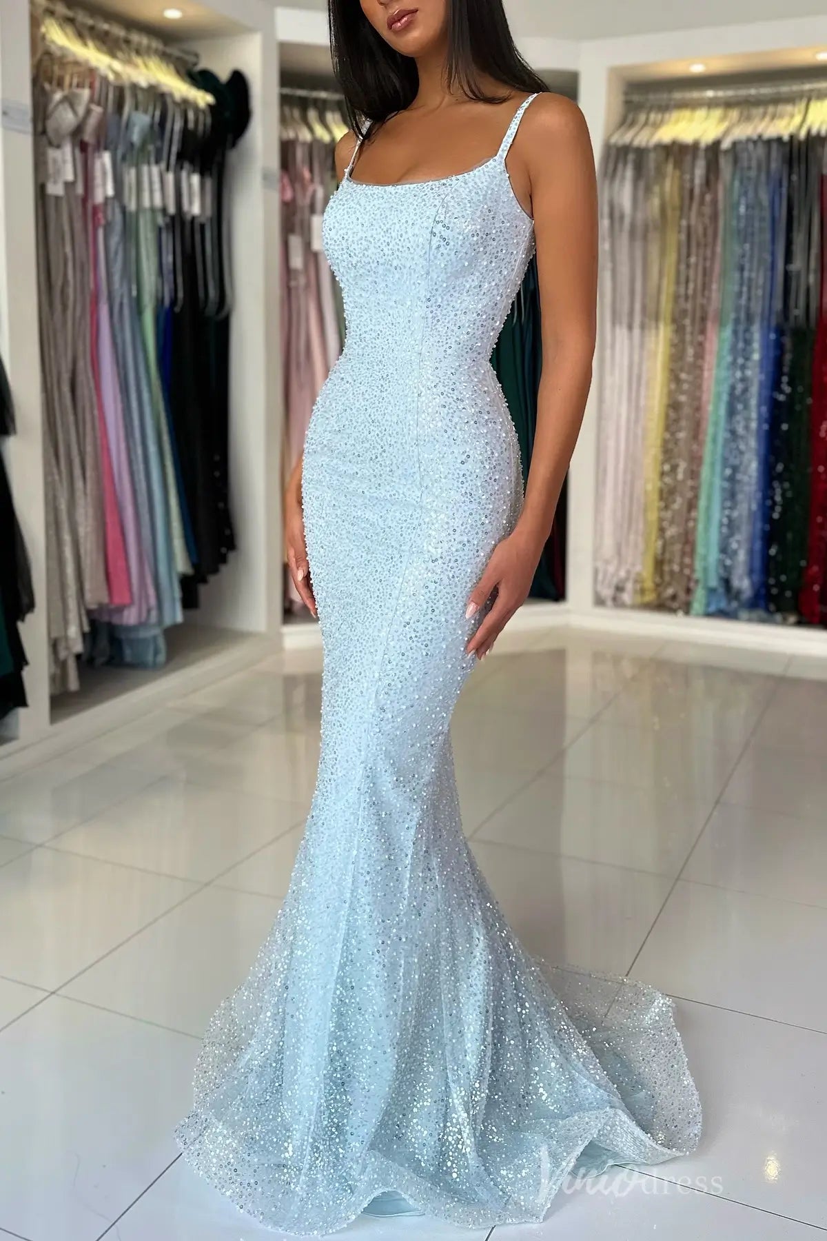 Light Blue Sequin Mermaid Prom Dress with Scoop Neck and Spaghetti Straps – SS053-prom dresses 2025 -Viniodress-Light Blue-Custom Size-