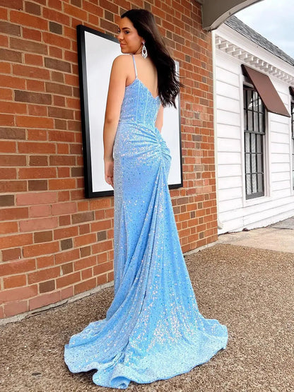 Light Blue Sequin Prom Dresses 2025 with Plunging V-Neck & Spaghetti Strap – FD5088-prom dresses 2025 -Viniodress-Blue-Custom Size-