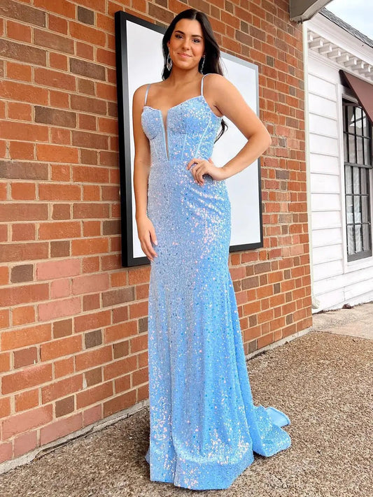 Light Blue Sequin Prom Dresses 2025 with Plunging V - Neck & Spaghetti Strap – FD5088 - Viniodressprom dressesBlueCustom Size - Formal Dresses - Ball Gowns