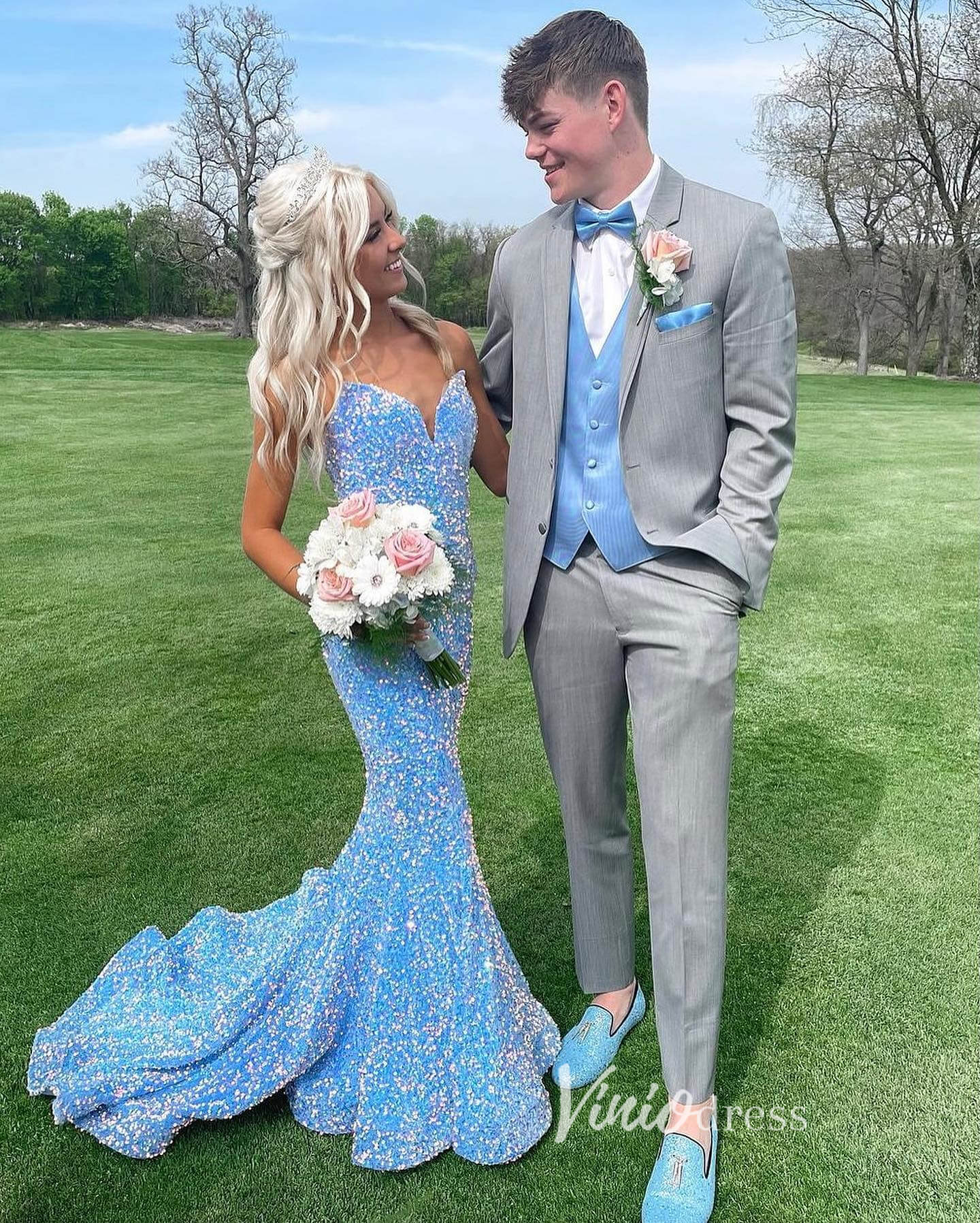 Light Blue Sequin Prom Dresses Mermaid Strapless Evening Dress FD3311-prom dresses 2025 -Viniodress-Light Blue-Custom Size-