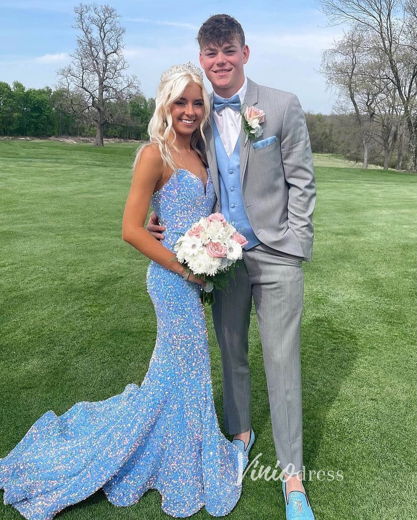 Prom Dress 2025 Light Blue Sequin Prom Dresses Mermaid Strapless Evening Dress FD3311-unique prom dresses-Light Blue-Custom Size-Viniodress