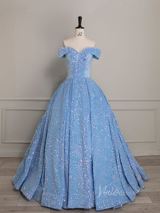 Light Blue Sequin Prom Dresses Off the Shoulder Quinceanera Dress 90051-prom dresses 2025 -Viniodress-Light Blue-Custom Size-
