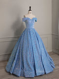 Light Blue Sequin Prom Dresses Off the Shoulder Quinceanera Dress 90051-prom dresses-Viniodress-Viniodress