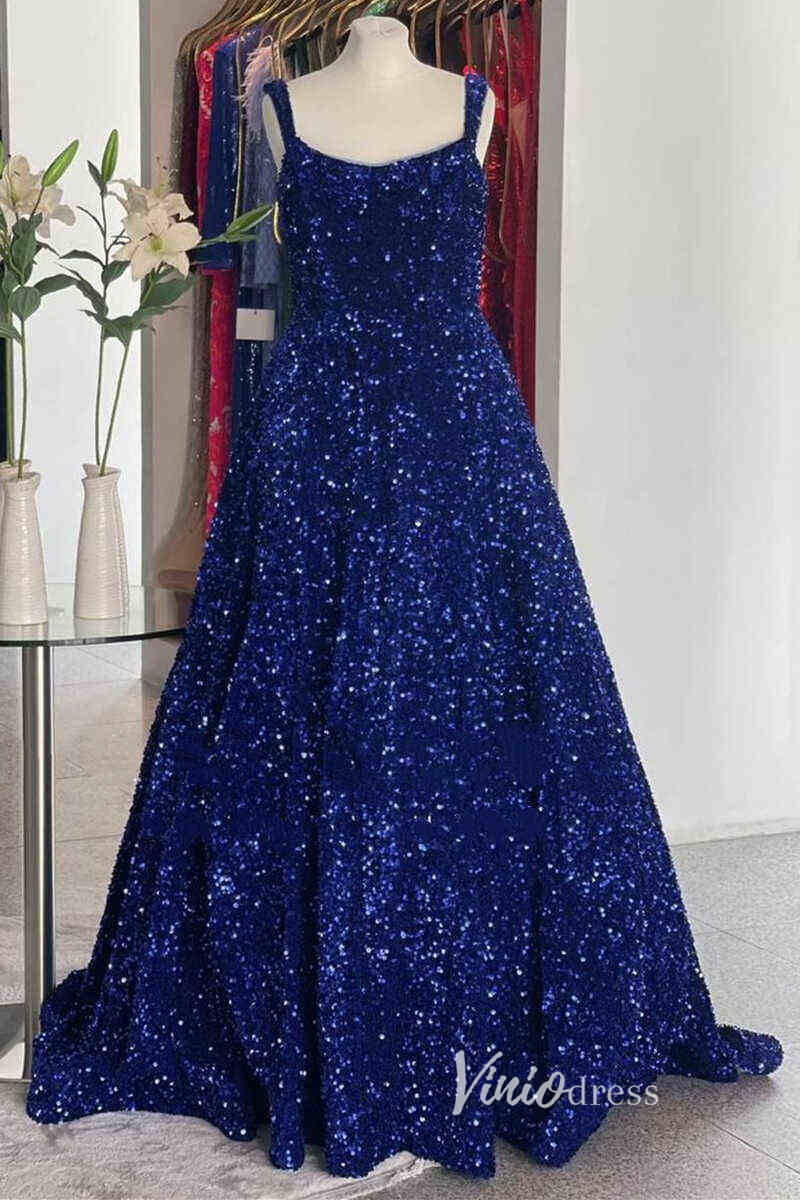 Light Blue Sequin Prom Dresses with Pockets Spaghetti Strap Formal