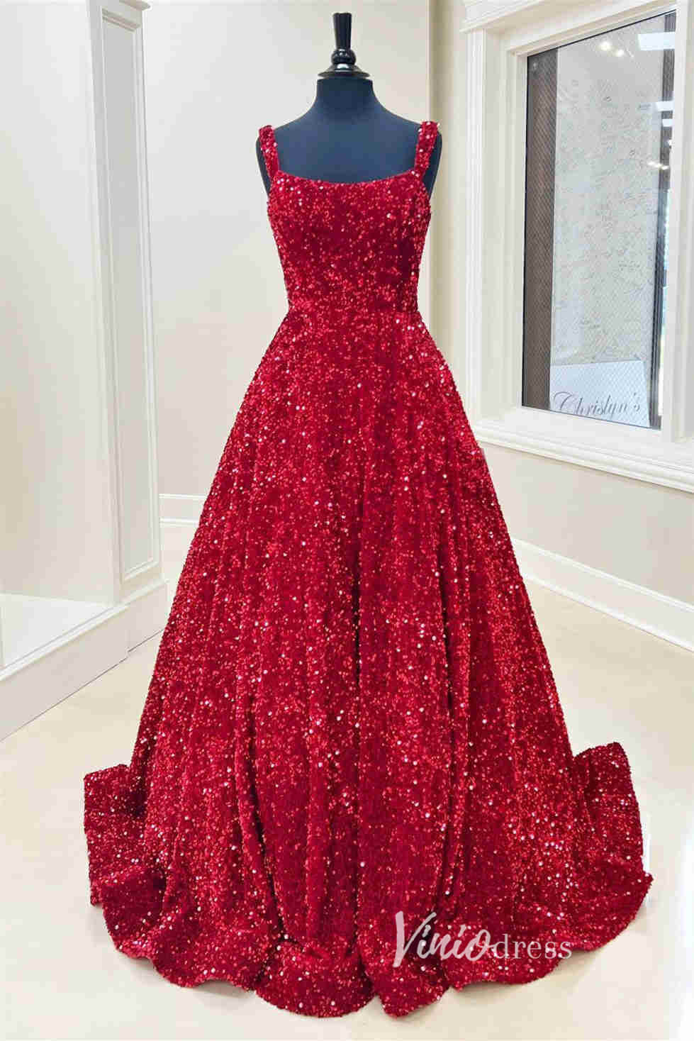 Light Blue Sequin Prom Dresses with Pockets Spaghetti Strap Formal Gown FD3270-prom dresses 2025 -Viniodress-Burgundy-Custom Size-