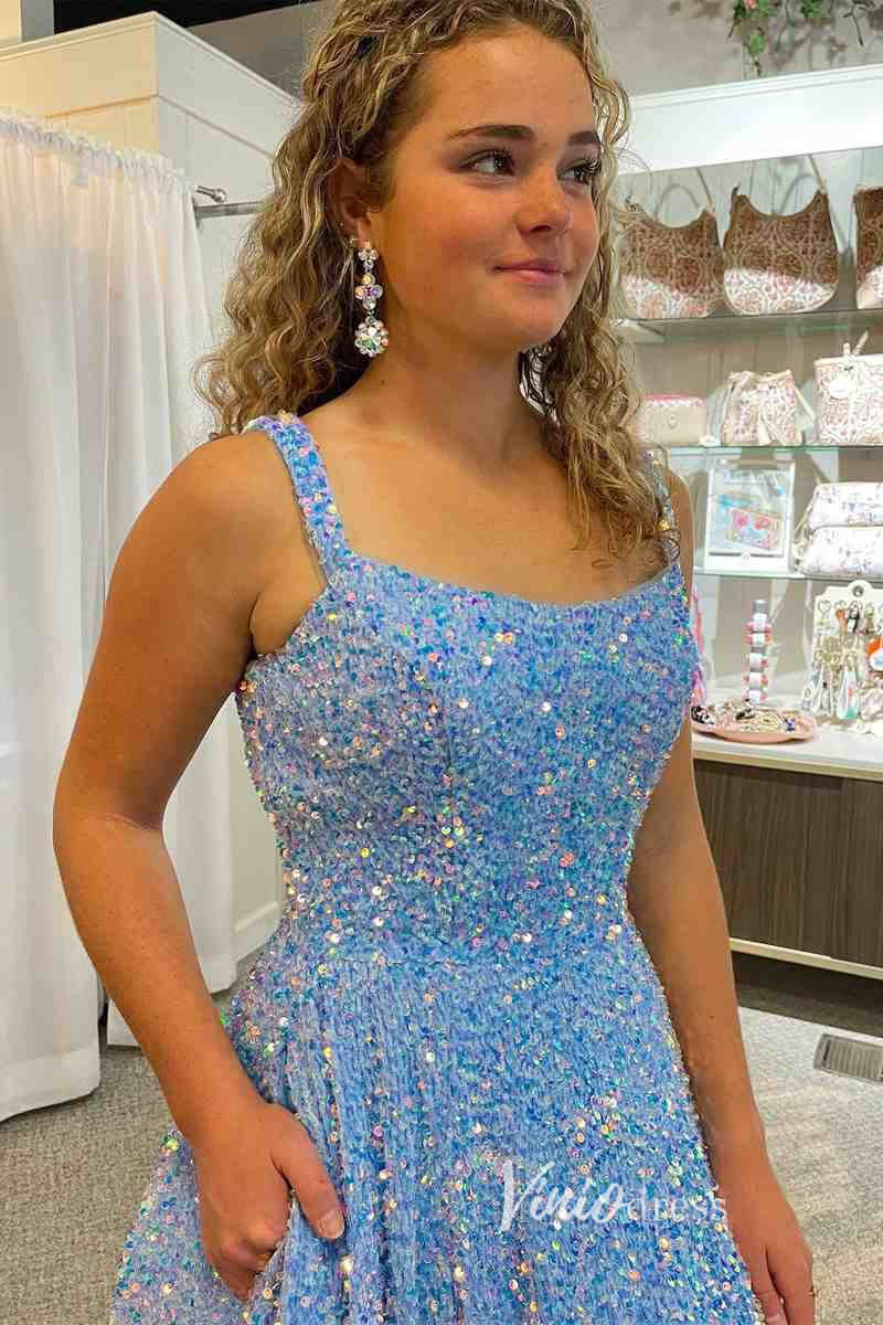 Light Blue Sequin Prom Dresses with Pockets Spaghetti Strap Formal
