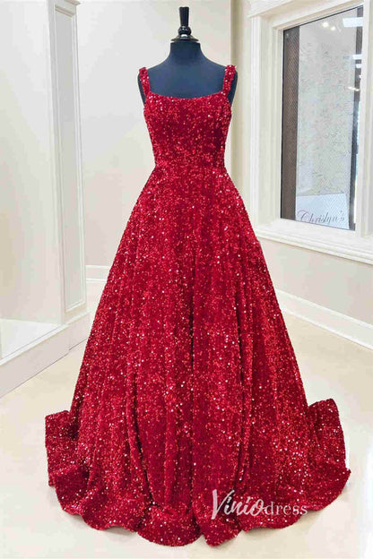 Light Blue Sequin Prom Dresses with Pockets Spaghetti Strap Formal Gown FD3270-prom dresses 2025 -Viniodress-Burgundy-Custom Size-
