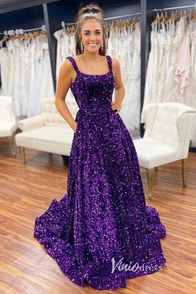 Light Blue Sequin Prom Dresses with Pockets Spaghetti Strap Formal Gown FD3270-prom dresses 2025 -Viniodress-Purple-Custom Size-