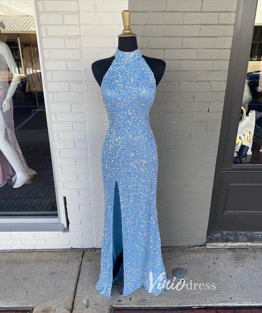 Prom Dress 2025 Light Blue Sequin Prom Dresses with Slit Mermaid Halter Neck Evening Dress FD3305-unique prom dresses-Light Blue-Custom Size-Viniodress