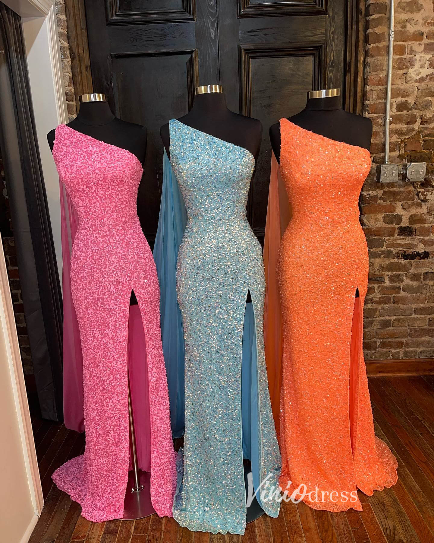 Light Blue Sequin Prom Dresses with Slit One Shoulder Mermaid Evening Dress FD3389-prom dresses 2025 -Viniodress-Light Blue-Custom Size-