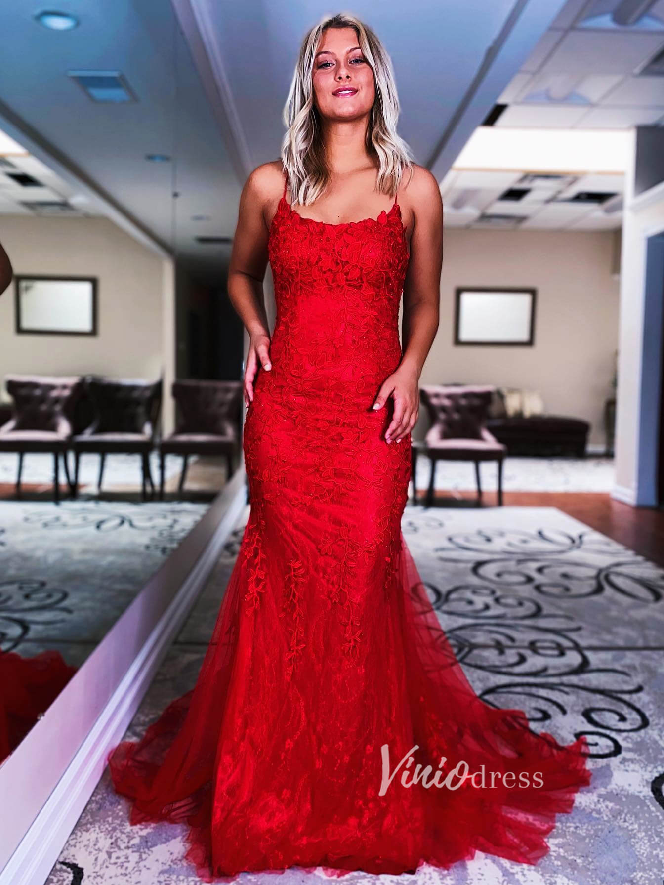 Light Blue Sheath Lace Prom Dress Spaghetti Strap FD1250E-prom dresses 2025 -Viniodress-Red-Custom Size-