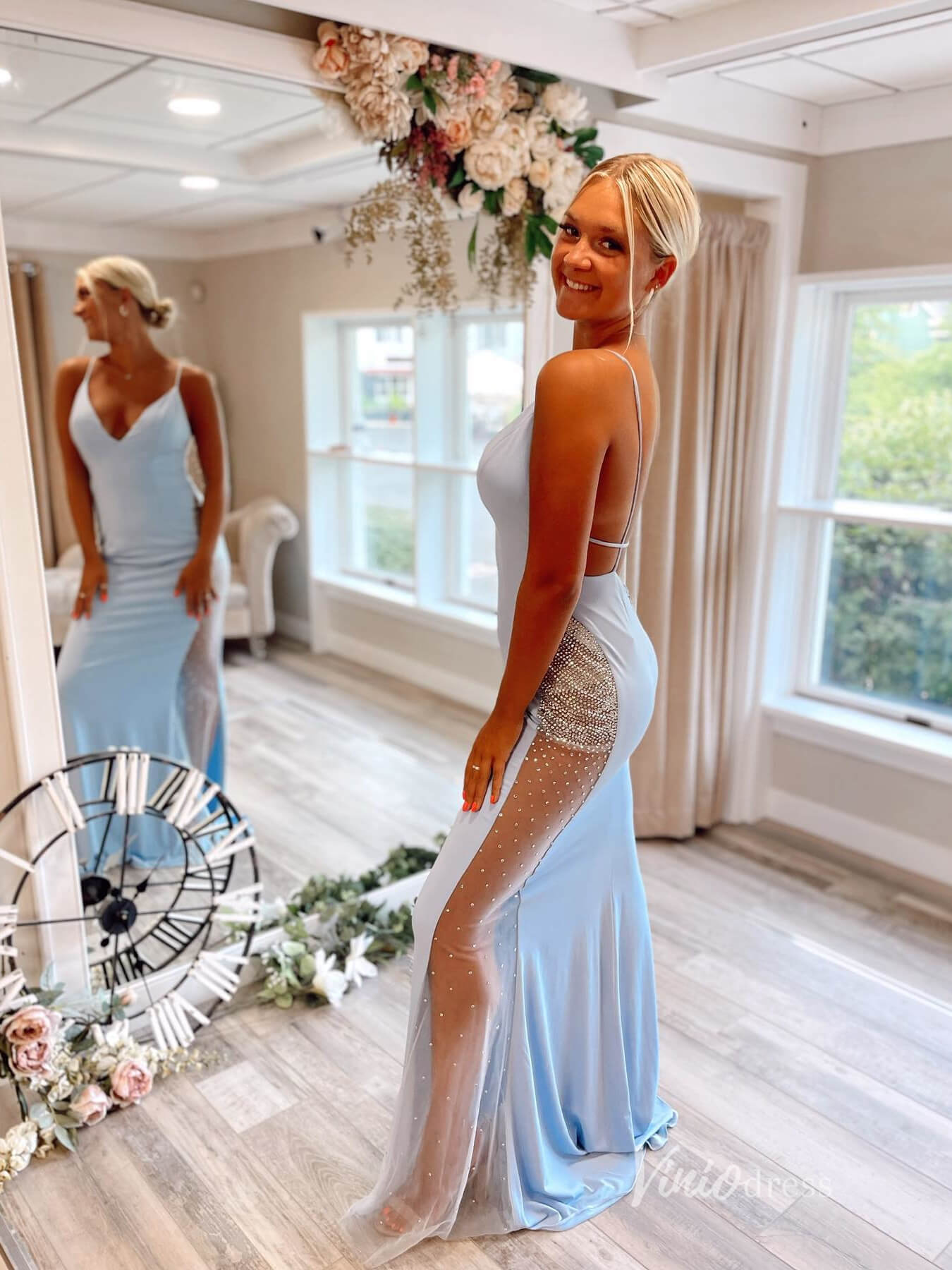 Light Blue Sheath Prom Dress Beaded Sheer Side & Backless Evening Gown FD3668 - Viniodressprom dressesLight BlueCustom Size - Formal Dresses - Ball Gowns