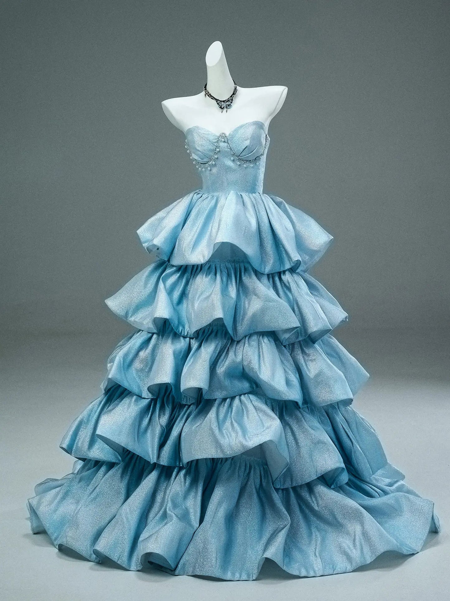 Light Blue Shimmering Satin Formal Gown with Ruffled Skirt & Sweetheart Neckline - CQ0125-Couture Gown 2025 -Viniodress-Blue-Custom Size-