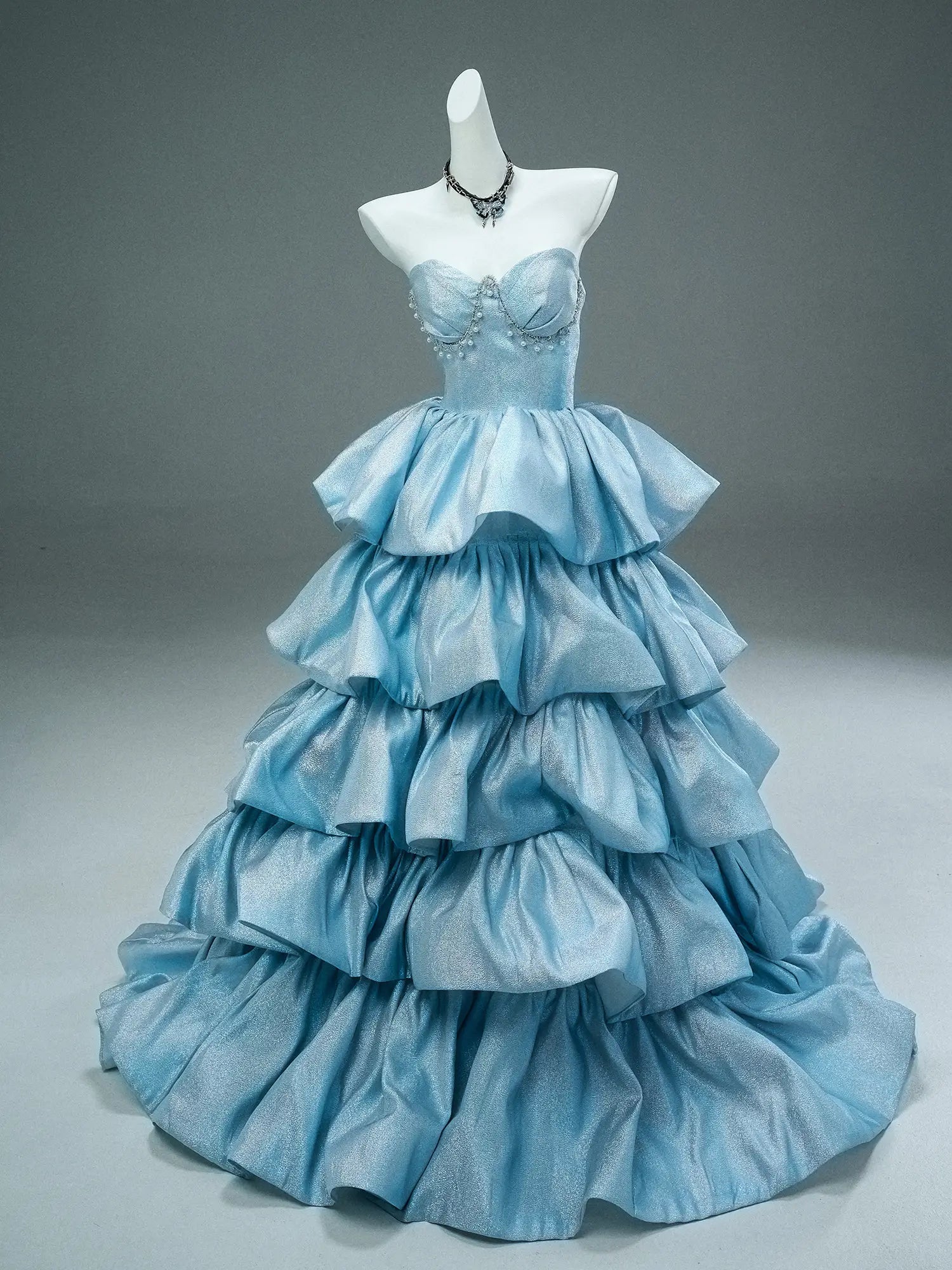 Light Blue Shimmering Satin Formal Gown with Ruffled Skirt & Sweetheart Neckline - CQ0125-Couture Gown 2025 -Viniodress-Blue-Custom Size-