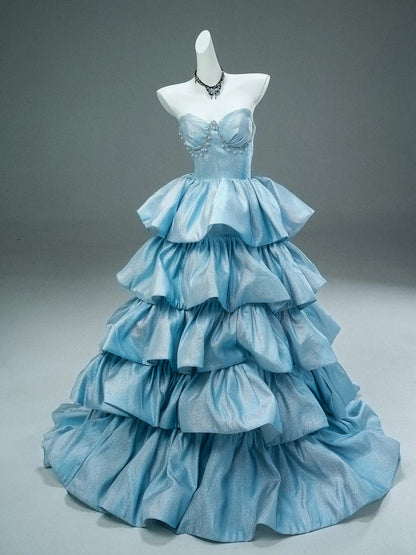 Light Blue Shimmering Satin Formal Gown with Ruffled Skirt & Sweetheart Neckline - CQ0125-Couture Gown 2025 -Viniodress-Blue-Custom Size-