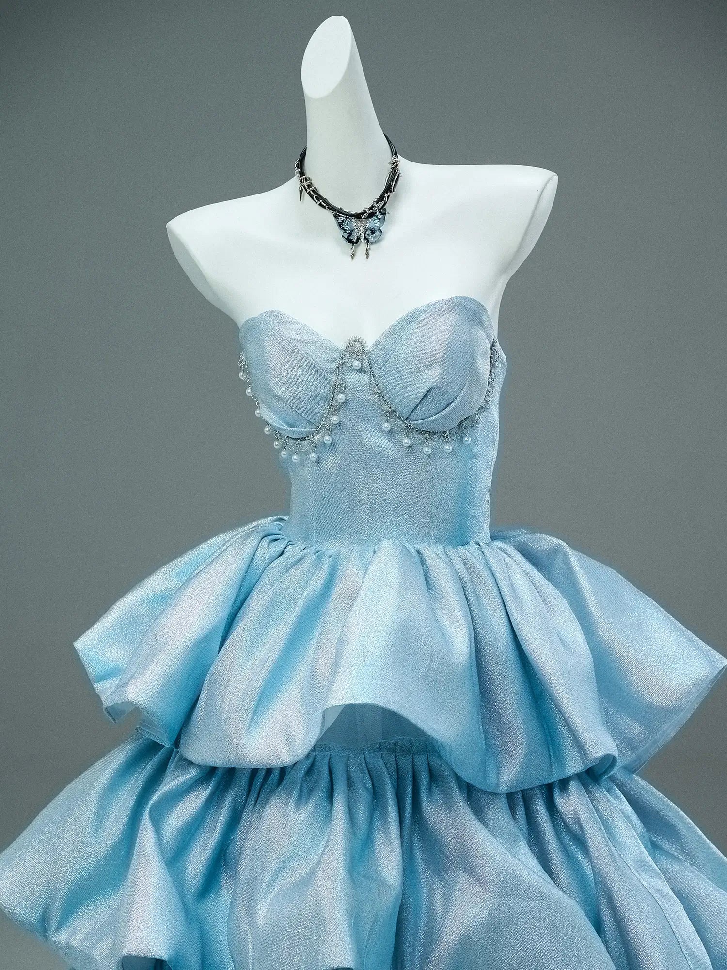 Light Blue Shimmering Satin Formal Gown with Ruffled Skirt & Sweetheart Neckline - CQ0125-Couture Gown 2025 -Viniodress-Blue-Custom Size-