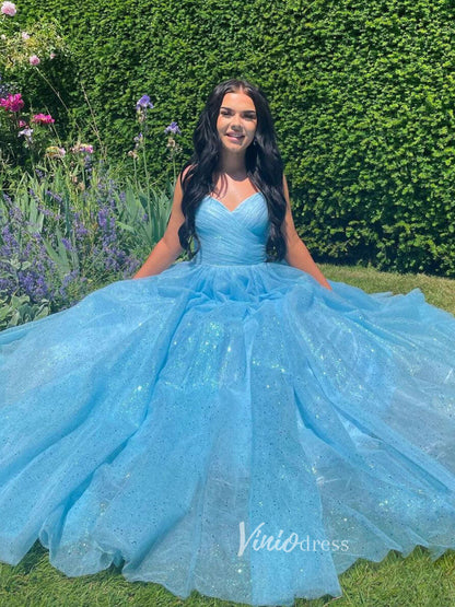 Light Blue Spaghetti Strap Prom Dresses Sparkly Tulle Evening Dress FD3077-prom dresses 2025 -Viniodress-Blue-Custom Size-