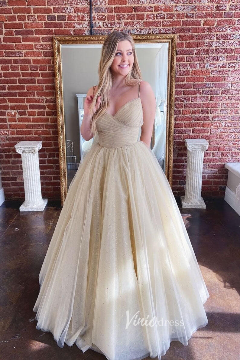 Light Blue Spaghetti Strap Prom Dresses Sparkly Tulle Evening Dress FD3077-prom dresses 2025 -Viniodress-Champagne-Custom Size-