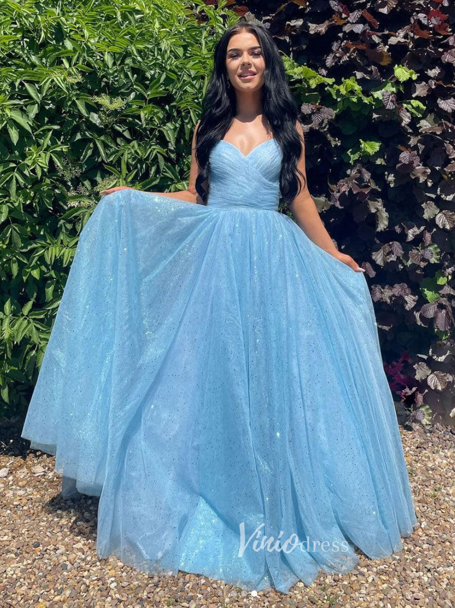 Prom Dress 2025 Light Blue Spaghetti Strap Prom Dresses Sparkly Tulle Evening Dress FD3077-unique prom dresses-Blue-Custom Size-Viniodress