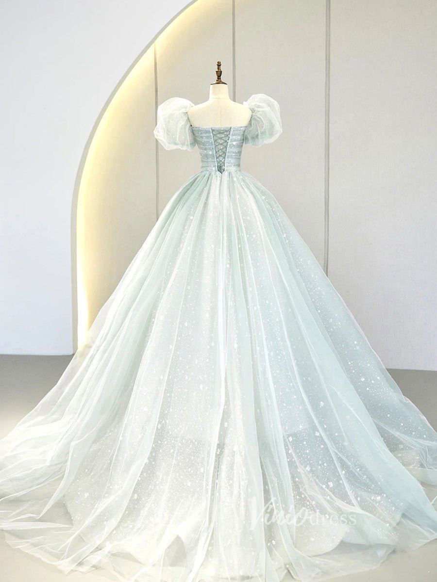 Light Blue Sparkly Beaded Prom Dress with Puffed Sleeves, Corset Back Princess Gowns FD3213-Quinceanera Dresses 2025 -Viniodress-Light Blue-Custom Size-