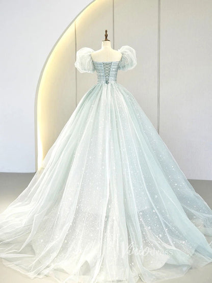 Light Blue Sparkly Beaded Prom Dress with Puffed Sleeves, Corset Back Princess Gowns FD3213-Quinceanera Dresses 2025 -Viniodress-Light Blue-Custom Size-