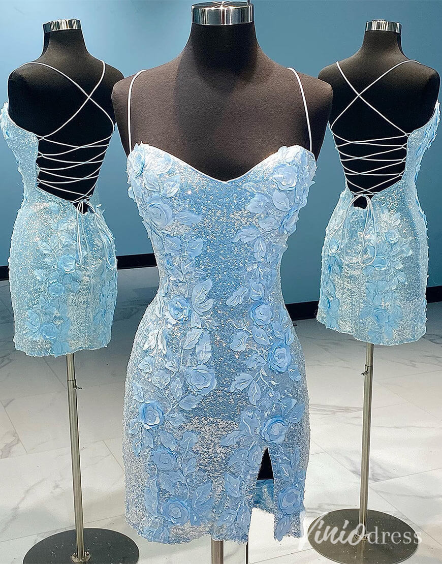 Light Blue Sparkly Lace Applique Homecoming Dresses Spaghetti Strap Bodycon Dress SD1664-Homecoming Dresses-Viniodress-Light Blue-Custom Size-Viniodress