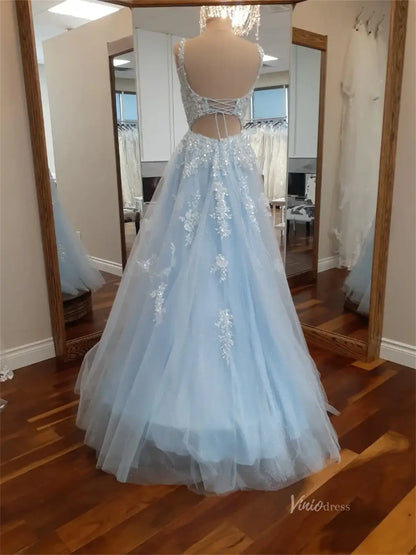 Light Blue Sparkly Lace Prom Dresses with Square Neck & Open Back - FD5166-prom dresses 2025 -Viniodress-Light Blue-Custom Size-