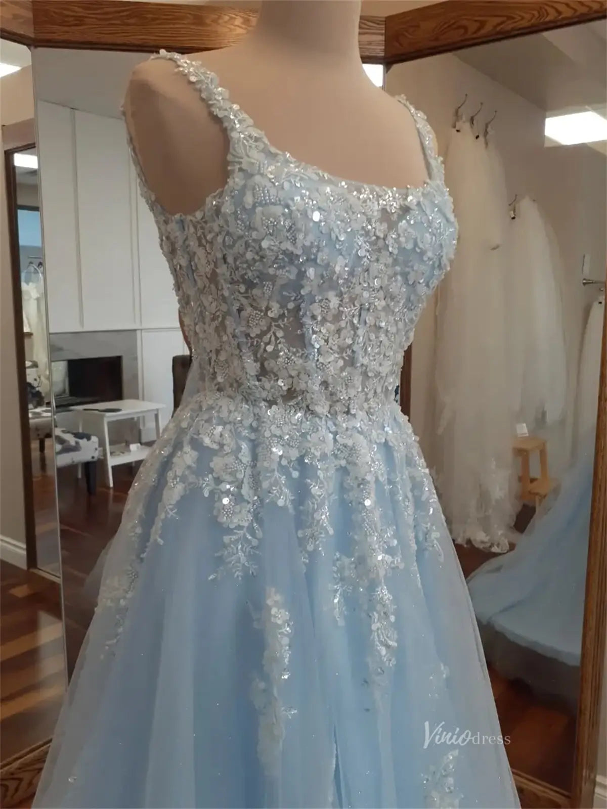 Light Blue Sparkly Lace Prom Dresses with Square Neck & Open Back - FD5166-prom dresses 2025 -Viniodress-Light Blue-Custom Size-