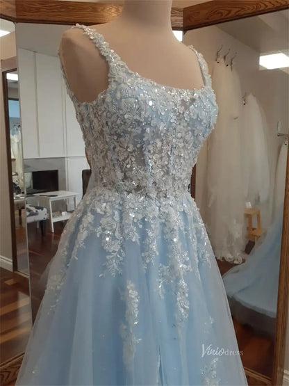 Light Blue Sparkly Lace Prom Dresses with Square Neck & Open Back - FD5166-prom dresses 2025 -Viniodress-Light Blue-Custom Size-
