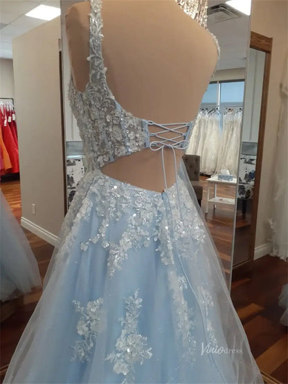 Light Blue Sparkly Lace Prom Dresses with Square Neck & Open Back - FD5166-prom dresses 2025 -Viniodress-Light Blue-Custom Size-