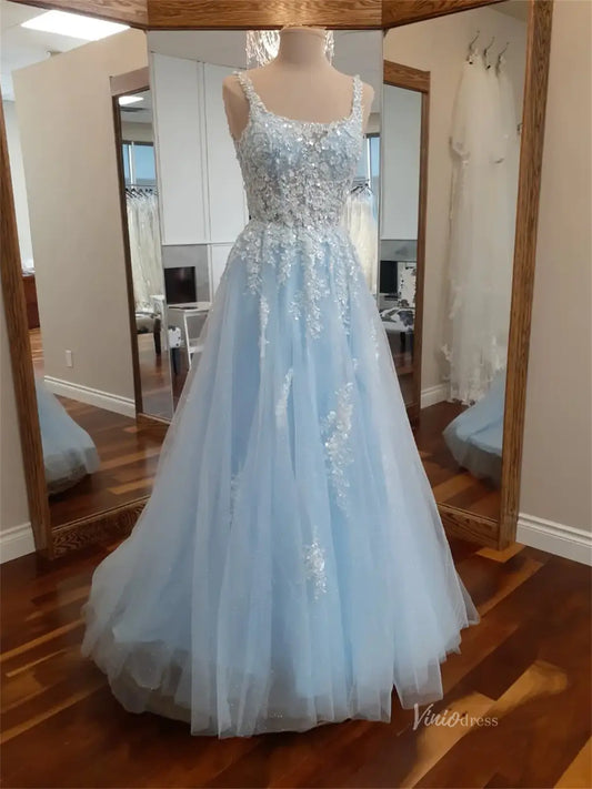 Light Blue Sparkly Lace Prom Dresses with Square Neck & Open Back - FD5166-prom dresses 2025 -Viniodress-Light Blue-Custom Size-