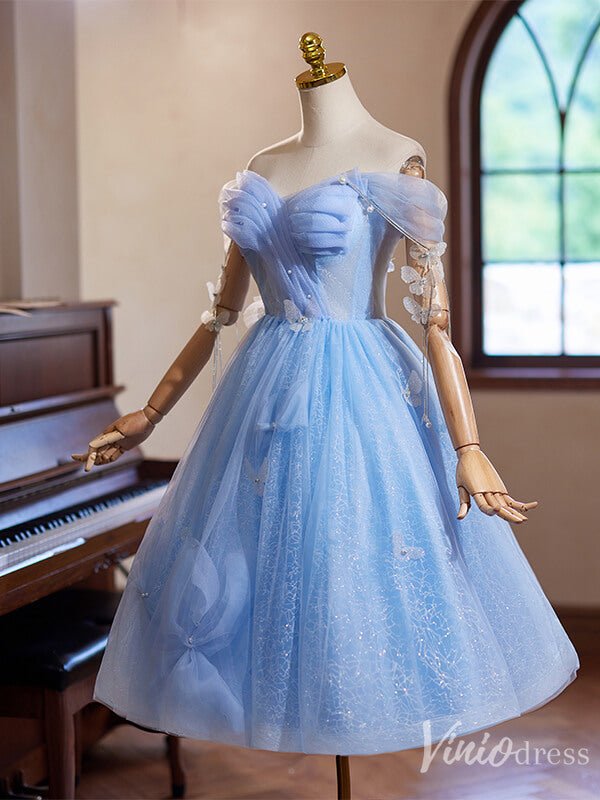 Light Blue Sparkly Tulle Butterfly Homecoming Dress Off the Shoulder Back to School Dress 8012-prom dresses 2025 -Viniodress-Light Blue-Custom Size-
