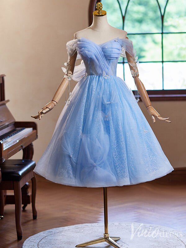 Light Blue Sparkly Tulle Butterfly Homecoming Dress Off the Shoulder Back to School Dress 8012-prom dresses 2025 -Viniodress-Light Blue-Custom Size-