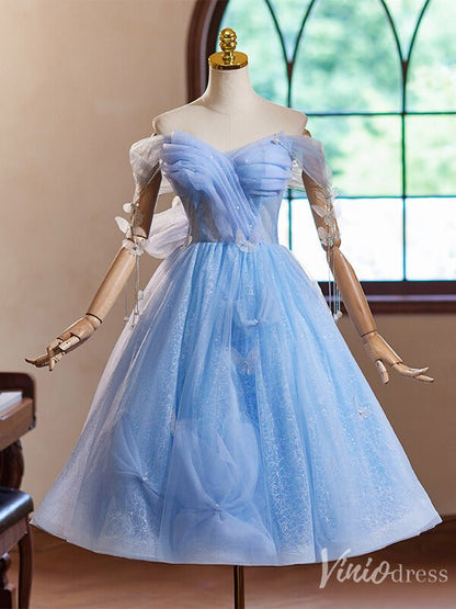 Light Blue Sparkly Tulle Butterfly Homecoming Dress Off the Shoulder Back to School Dress 8012-prom dresses 2025 -Viniodress-Light Blue-Custom Size-