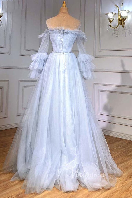 Light Blue Sparkly Tulle Evening Dresses Long Puffed Sleeve Prom Dress FD3006-prom dresses 2025 -Viniodress-Light Blue-US 2-