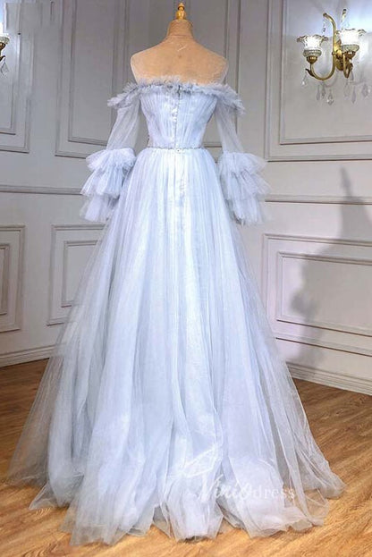 Light Blue Sparkly Tulle Evening Dresses Long Puffed Sleeve Prom Dress FD3006-prom dresses 2025 -Viniodress-Light Blue-US 2-