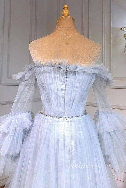 Light Blue Sparkly Tulle Evening Dresses Long Puffed Sleeve Prom Dress FD3006-prom dresses 2025 -Viniodress-Light Blue-US 2-