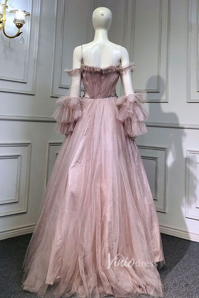 Light Blue Sparkly Tulle Evening Dresses Long Puffed Sleeve Prom Dress FD3006-prom dresses 2025 -Viniodress-Light Blue-US 2-