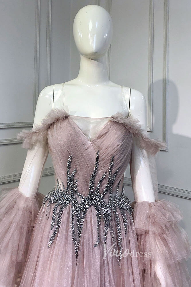 Light Blue Sparkly Tulle Evening Dresses Long Puffed Sleeve Prom Dress FD3006-prom dresses 2025 -Viniodress-Light Blue-US 2-