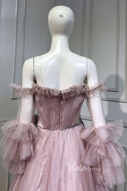 Light Blue Sparkly Tulle Evening Dresses Long Puffed Sleeve Prom Dress FD3006-prom dresses 2025 -Viniodress-Light Blue-US 2-