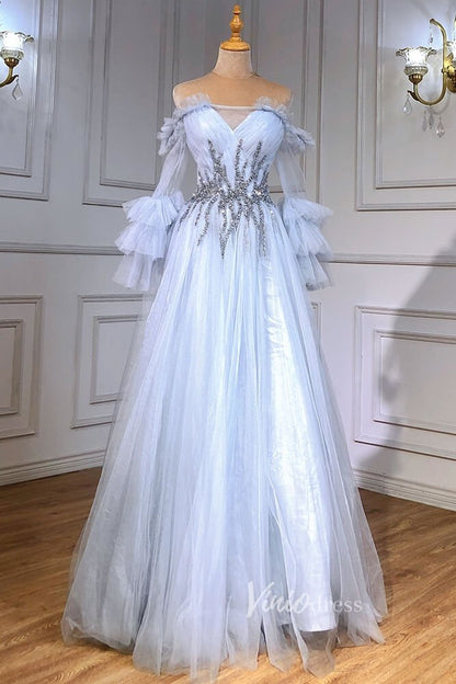 Light Blue Sparkly Tulle Evening Dresses Long Puffed Sleeve Prom Dress FD3006-prom dresses 2025 -Viniodress-Light Blue-US 2-