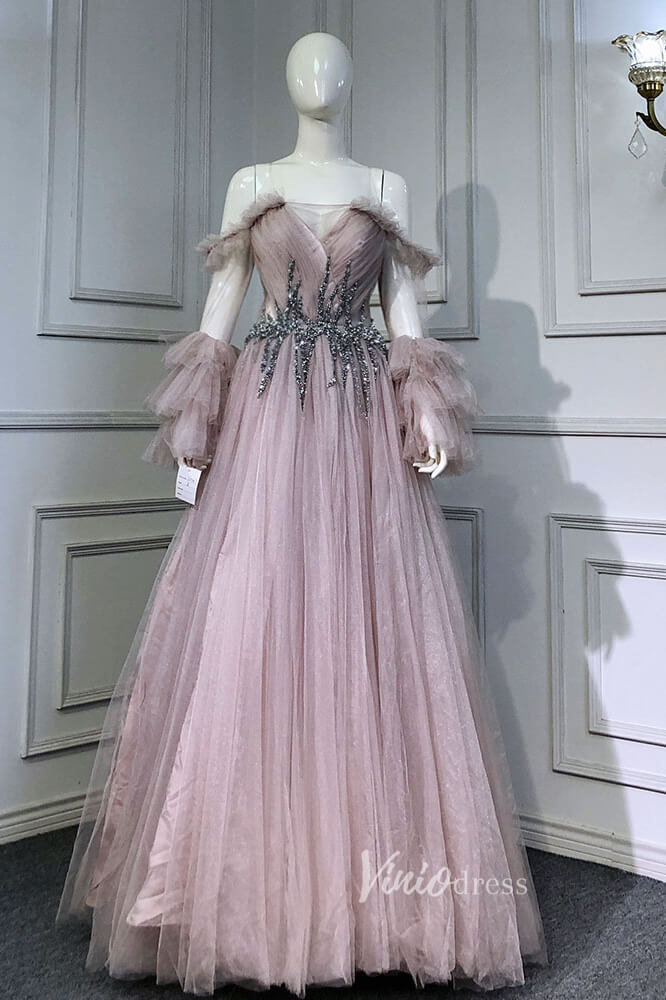 Light Blue Sparkly Tulle Evening Dresses Long Puffed Sleeve Prom Dress FD3006-prom dresses 2025 -Viniodress-Pink-US 2-