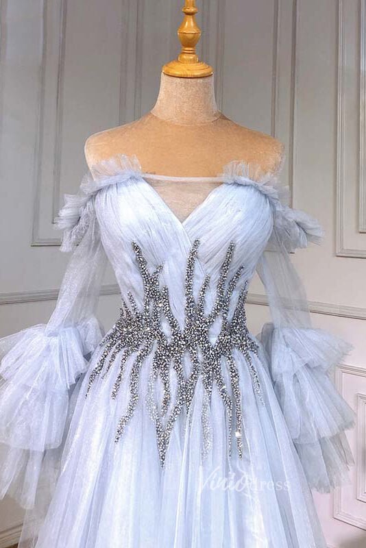Light Blue Sparkly Tulle Evening Dresses Long Puffed Sleeve Prom Dress FD3006-prom dresses 2025 -Viniodress-Light Blue-US 2-