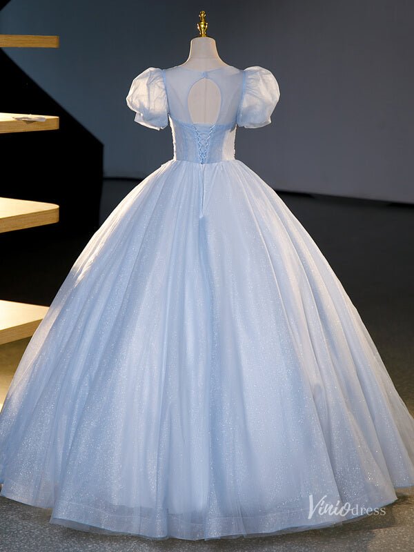 Light Blue Sparkly Tulle Prom Ball Gown Puffed Sleeve Sequin Lace Applique Quinceanera Dresses BG071-prom dresses 2025 -Viniodress-Light Blue-Custom Size-