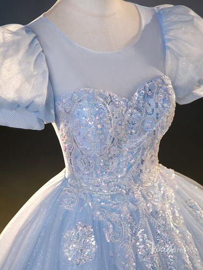 Light Blue Sparkly Tulle Prom Ball Gown Puffed Sleeve Sequin Lace Applique Quinceanera Dresses BG071-prom dresses 2025 -Viniodress-Light Blue-Custom Size-