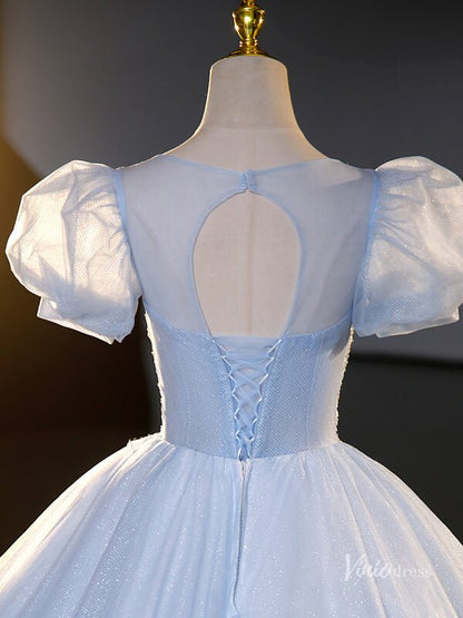 Light Blue Sparkly Tulle Prom Ball Gown Puffed Sleeve Sequin Lace Applique Quinceanera Dresses BG071-prom dresses 2025 -Viniodress-Light Blue-Custom Size-