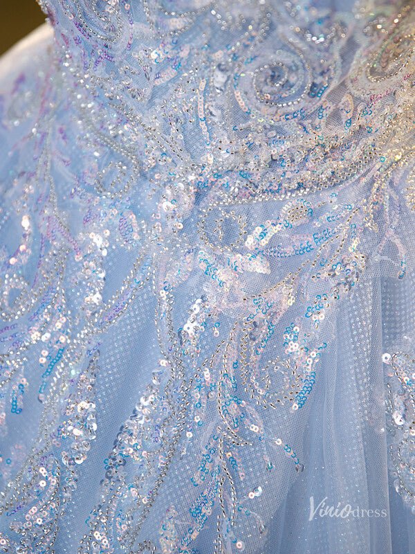 Light Blue Sparkly Tulle Prom Ball Gown Puffed Sleeve Sequin Lace Applique Quinceanera Dresses BG071-prom dresses 2025 -Viniodress-Light Blue-Custom Size-