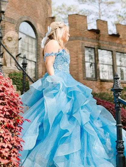 Light Blue Sparkly Tulle Prom Dresses Ruffled Lace Formal Dresses - FD3708-prom dresses 2025 -Viniodress-Blue-Custom Size-