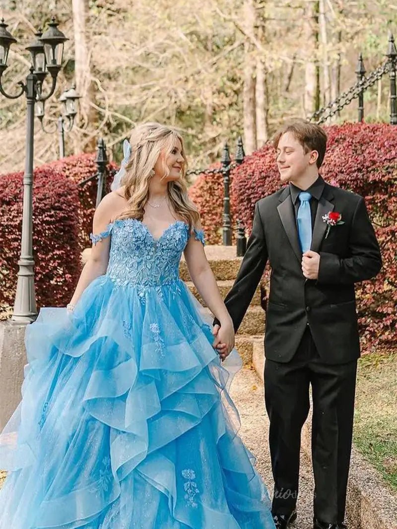 Light Blue Sparkly Tulle Prom Dresses Ruffled Lace Formal Dresses - FD3708-prom dresses 2025 -Viniodress-Blue-Custom Size-